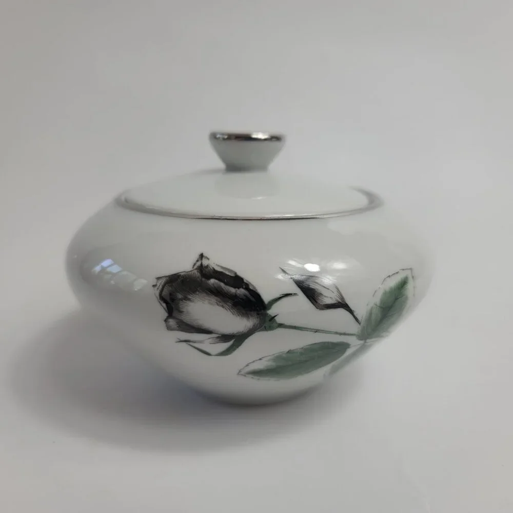 Stonegate Midnight Rose Sugar Bowl with Lid White with Black/Gray Roses